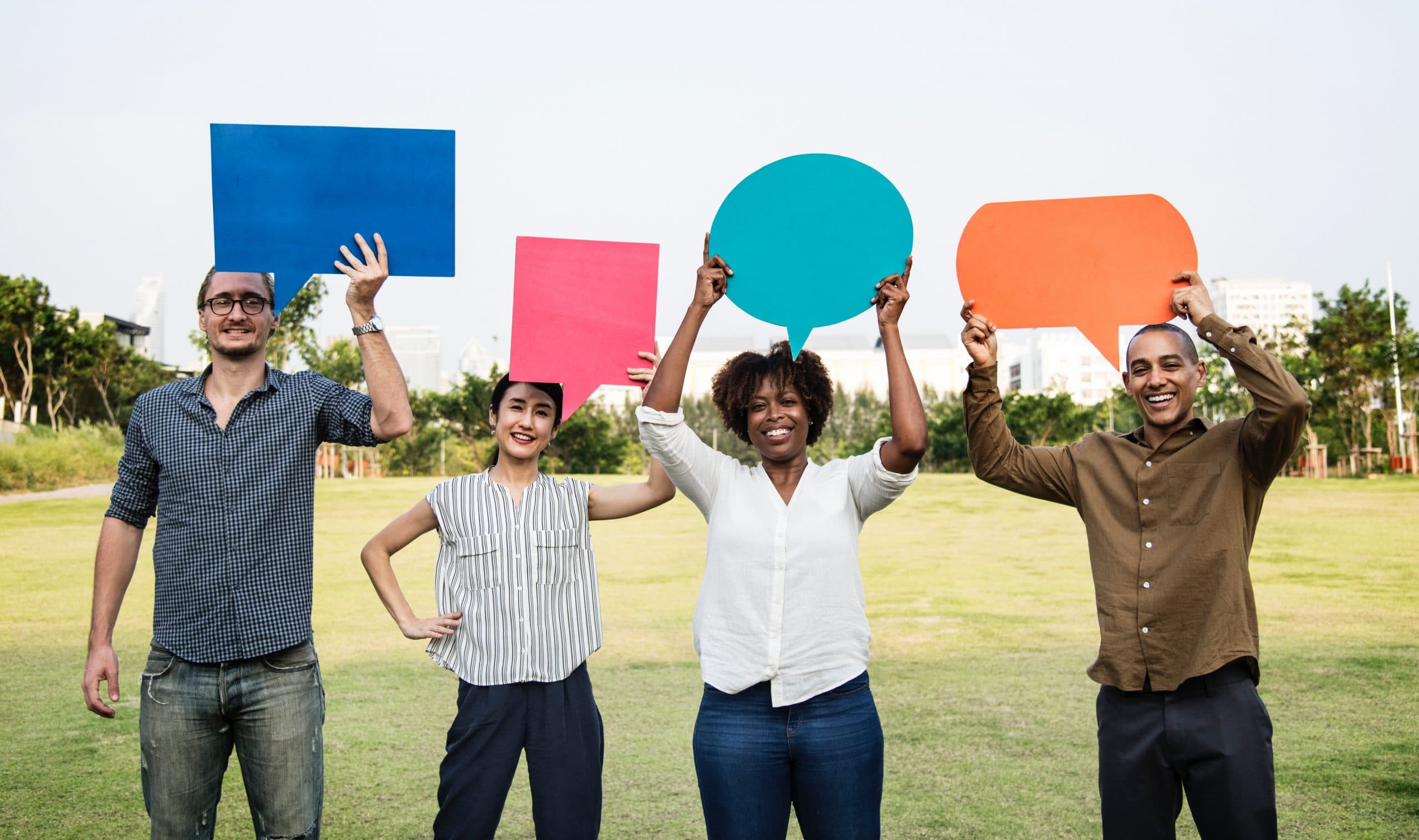 social proof - customers holding speech bubbles